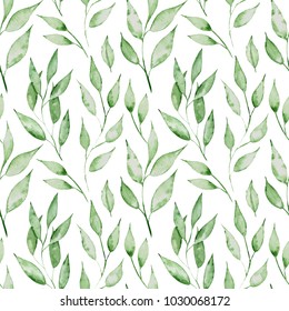 Seamless pattern with green watercolor leaves. Summer Hand drawn illustration