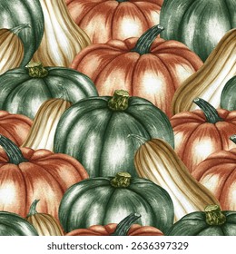 Seamless pattern with green, yellow, orange and green pumpkins. Handmade watercolor illustration. Color image. For packaging, decor, textiles, printing, wrapping paper, wallpaper and more.