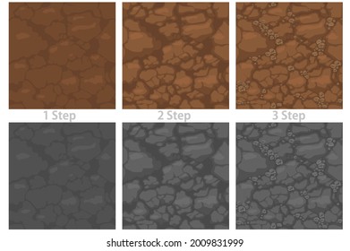 Seamless Pattern Ground With Stones, Drawing Step By Step Soil Texture For Wallpaper. Land Background For Graphic Design Game. Similar JPG Copy