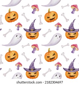 Seamless pattern for Halloween party  Pumpkin  witch hat   ghost  Bright watercolor endless pattern and bones white