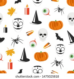 seamless pattern with Halloween symbols pumpkin, sugar skull mask, eye, bat, candle, candy corns, spider, human skull, maple leaf and witch hat. Halloween holiday background wallpaper wrap etc. - Powered by Shutterstock