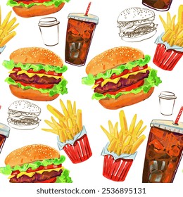 Seamless pattern with hamburgers, french fries, ice cream, and cola can also be used as a fun background for a food blog, social media posts, or party invitations. - Powered by Shutterstock