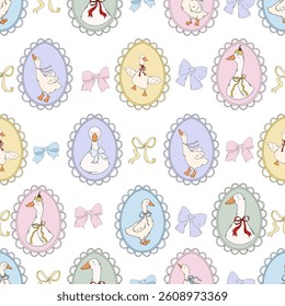 Seamless pattern with hand draw graphic Easter eggs, bows, flowers, goose and cute bunny, isolated on white background