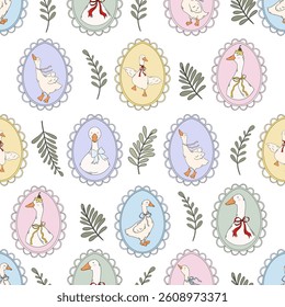 Seamless pattern with hand draw graphic Easter eggs, bows, flowers, goose and cute bunny, isolated on white background