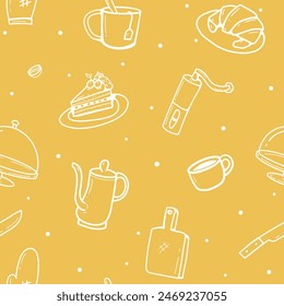seamless pattern of hand draw white outline cute cartoon pattern with coffee shop and bakery shop stuff with kitchen equipment isolated on yellow background
