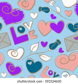 Seamless pattern with hand drawing hearts, rose flower, love text and letter in pink, blue and violet colors. Abstract stylized love symbols with watercolor effect. Heart background.