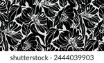 Seamless pattern with hand drawn black flowers . Hand drawn monochrome background with summer flowers. Black and white botanical elements. Roses, peonies and chrysanthemums vector silhouettes