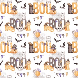 Seamless Pattern Hand Drawn By Watercolour. Halloween Cats, Pumpkins, Decorations, Lettering. Isolated On White Background. Cute Halloween Design For Textile, Fabric, Digital Paper