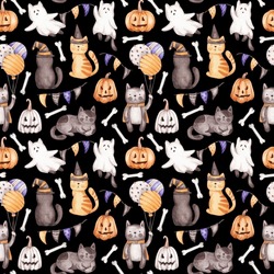 Seamless Pattern Hand Drawn By Watercolour. Halloween Cats, Pumpkins, Ghost, Bones. Isolated On Black Background. Cute Halloween Design For Textile, Fabric, Digital Paper