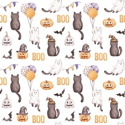 Seamless Pattern Hand Drawn By Watercolour. Halloween Cats, Pumpkins, Lettering Isolated On White Background. Cute Halloween Design For Textile, Fabric, Digital Paper