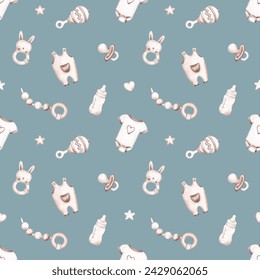Seamless pattern hand drawn by watercolor. New born toys and objects. Cute nursing design in  beige colours. For baby shower, gender party card, invite