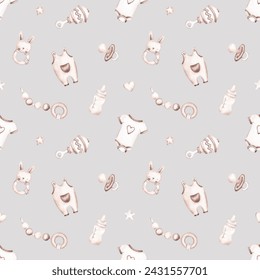 Seamless pattern hand drawn by watercolor. New born toys and objects. Cute nursing design in  beige colours. For baby shower, gender party card, invite - Powered by Shutterstock