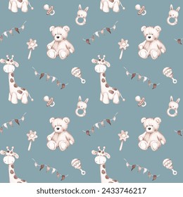 Seamless pattern hand drawn by watercolor. New born toys and objects. Cute nursing design in  beige colours. For baby shower, gender party card, invite - Powered by Shutterstock