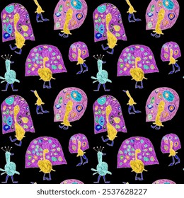 Seamless pattern of hand drawn by felt tip pens peacock birds, isolated on a black background - Powered by Shutterstock