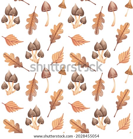 Seamless pattern hand drawn by watercolor. Autumn mushrooms and leaves. Fall background. Idea for autumn events, holidays, party decoration
