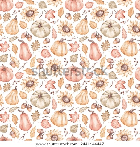 Seamless pattern hand drawn by watercolor. Thanksgiving background. Halloween traditional symbols and fall objects. Pumpkins, sunflowers, autumn nature plants