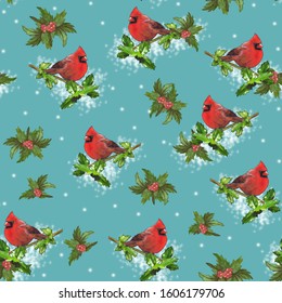 Seamless pattern with hand drawn cardinal bird on a holly berry branch on the blue background with splashes of white color