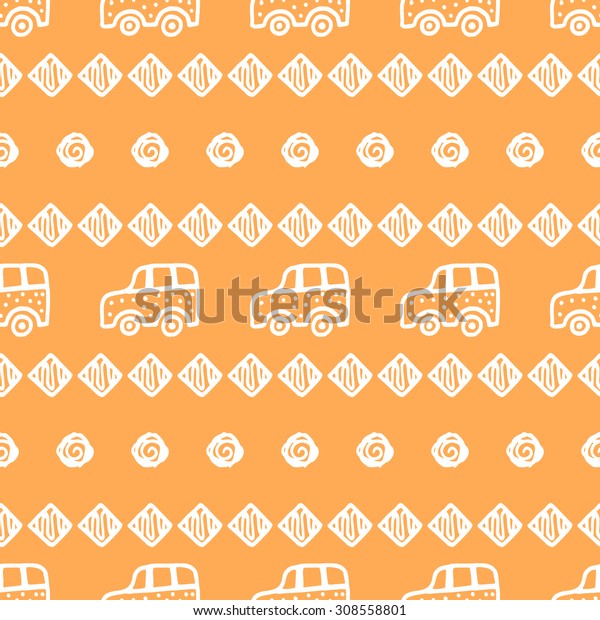 Seamless pattern with hand drawn\
cars, squares and circles. Elegant background for cards, textile,\
print or wrapper paper. Orange and white endless\
pattern.