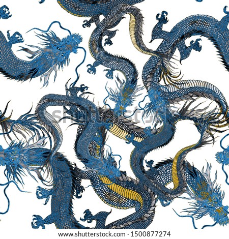 Seamless pattern with hand drawn chinese dragons. Creative fashion print for any kind of a design.