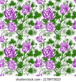 Seamless Pattern With Hand Drawn Clover Flowers And Leaves