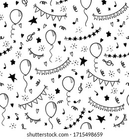 Seamless Pattern Hand Drawn Doodle Cartoon Objects And Symbols Of Birthday Party. Design Holiday Greeting Card And Invitation Of Wedding, Happy Mother Day, Birthday, Valentine S Day And Holidays.