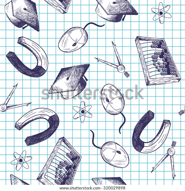 Seamless pattern with \
hand drawn education theme on checkered copybook background. \
Raster\
illustration.