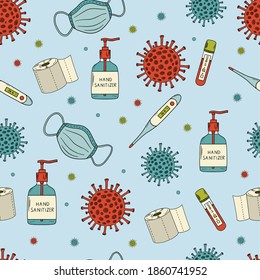 Seamless Pattern With Hand Drawn Elements On The Topic Of Coronavirus. Cartoon Colorful Print Design With Coronavirus Molecule, Antiseptic, Thermometer, Toilet Paper, Medical Mask And Test.