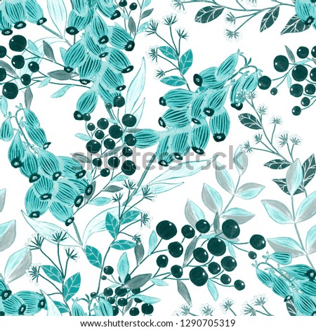 Seamless pattern with hand drawn flowers and berries