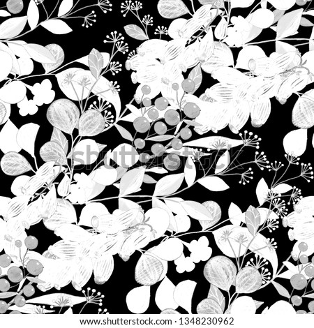 Seamless pattern with hand drawn flowers and berries