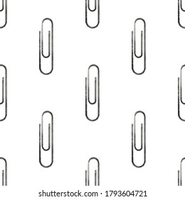 Seamless Pattern Of Hand Drawn Gem Paper Clip Isolated On White. Metal Device To Hold And Fasten  Sheets Of Paper. Backdrop With Bended Steel Wire For School, Office And Hobby. Elements Of Stationery.