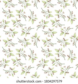 Seamless pattern with hand drawn green leaves on white background, plants background.
Will be good for decor a postcard, posters, gift wrapping, gift boxes, fabric and etc