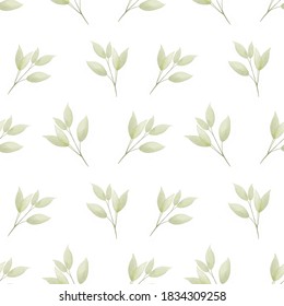 Seamless pattern with hand drawn green leaves on white background, plants elements.
Will be good for decor a postcard, posters, gift wrapping, gift boxes, fabric and etc