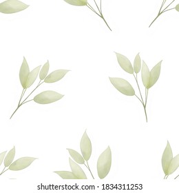Seamless pattern with hand drawn green leaves on white background, forest plants background.
Will be good for decor a postcard, posters, gift wrapping, gift boxes, fabric