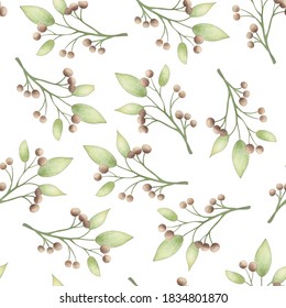 Seamless pattern with hand drawn green leaves on white background, forest plants background. Will be good for decor a postcard, posters, gift wrapping, gift boxes, fabric

