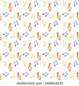 A Seamless Pattern With Hand Drawn Music Instruments On A Watercolor Background Texture.