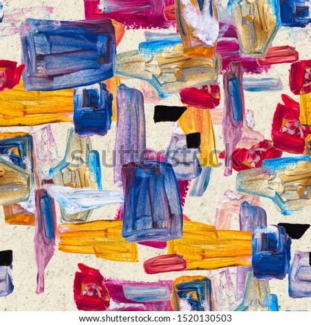 Seamless pattern with hand drawn paint strokes. Art background. Abstract colorful acrylic painting. Geometric shapes. The palette of oil paints. Print for textile