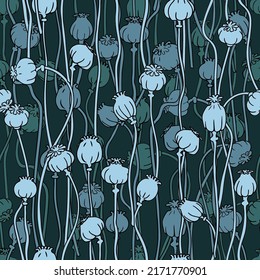 Seamless pattern with hand drawn poppies seed heads dried. Black outlined poppies of three green petrolio shades. Perfect ornament for any surface print like fabric or wrapping paper.