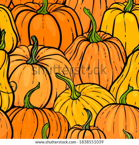 Seamless pattern with hand drawn pumpkin in cartoon style. Cute autumn pattern textile. design for greeting card and invitation of seasonal fall holidays, halloween, thsanksgiving, harvest. Autumn.