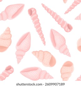 Seamless pattern of hand drawn seashells in pink colors. Background for print, greeting card, textile, wallpaper