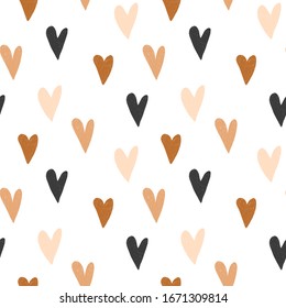 Seamless pattern of hand drawn simple hearts in pastel brown and neutral beige colors on white background