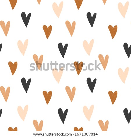 Seamless pattern of hand drawn simple hearts in pastel brown and neutral beige colors on white background