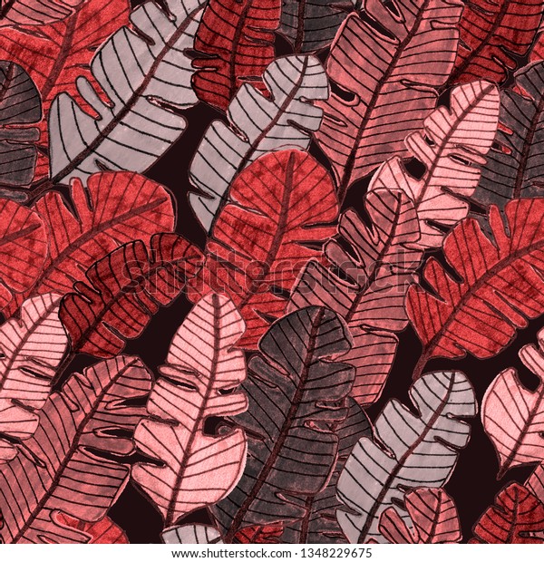 Seamless Pattern Hand Drawn Tropical Leaves Stock Illustration 1348229675