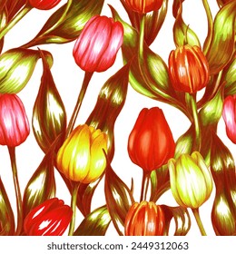 Seamless pattern with hand drawn tulips. Vintage floral ornament. Spring botanical design.	