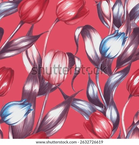Seamless pattern with hand drawn tulips. Vintage floral ornament. Spring botanical design.