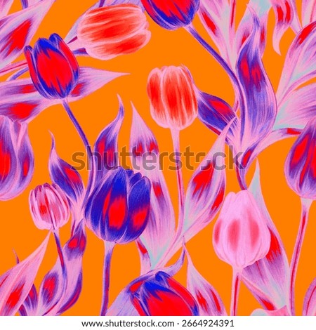 Seamless pattern with hand drawn tulips. Vintage floral ornament. Spring botanical design.