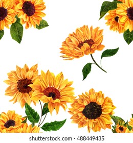 A seamless pattern with hand drawn vibrant yellow watercolor sunflowers on white background, vintage style floral repeat print