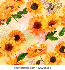 A seamless pattern with hand drawn vibrant yellow sunflowers on a watercolor background, vintage style floral repeat print