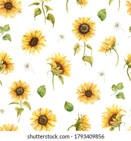 seamless pattern with hand drawn watercolor sunflowers