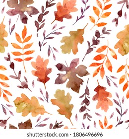 Seamless Pattern With Hand Drawn Watercolor Fall Leaves For Fabric, Poster, Card, Wallpaper, Wrapping Paper, And Home Decor