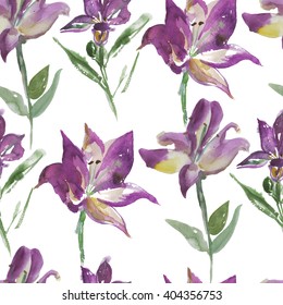 Seamless pattern with hand drawn watercolor lily, Floral texture for your design.